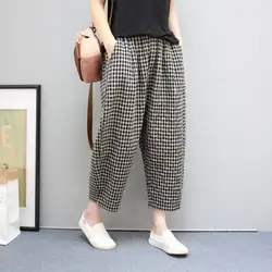 Pantalon d'Été à Carreaux en Coton Pur pour Femme, Vêtement Décontracté, avec Poches, Taille Haute, Confortable, Fjj