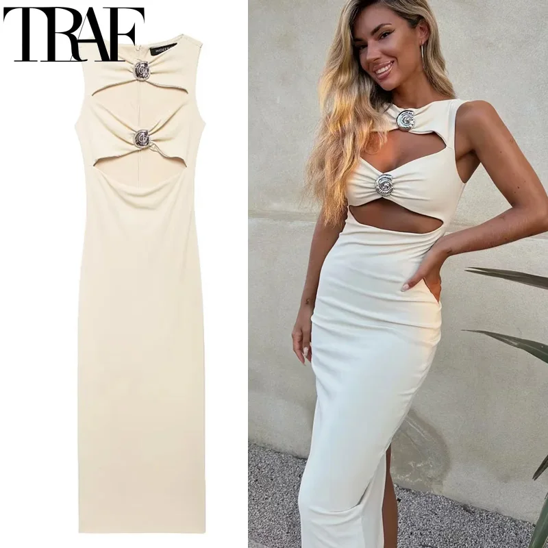 Traf 2024 bodycon aus geschnitten lange Kleider ärmelloses Midi kleid Frau plissiert sexy Party kleider für Frauen Urlaub Abendkleid