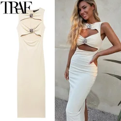 TRAF 2024 Bodycon Cut Out Long Dresses Sleeveless Midi Dress Woman Pleated Sexy Party Dresses For Women Holiday Evening Dress