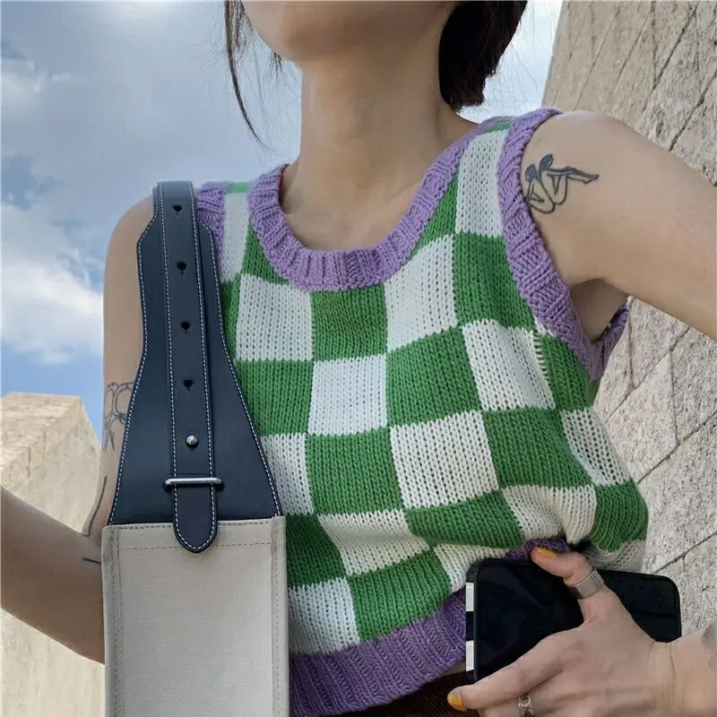 

Y2k Clothes Cropped Knit Tops Sleeveless T-shirts Summer Women Checkered Tank Top Design Lightweight Streetwear Pullover
