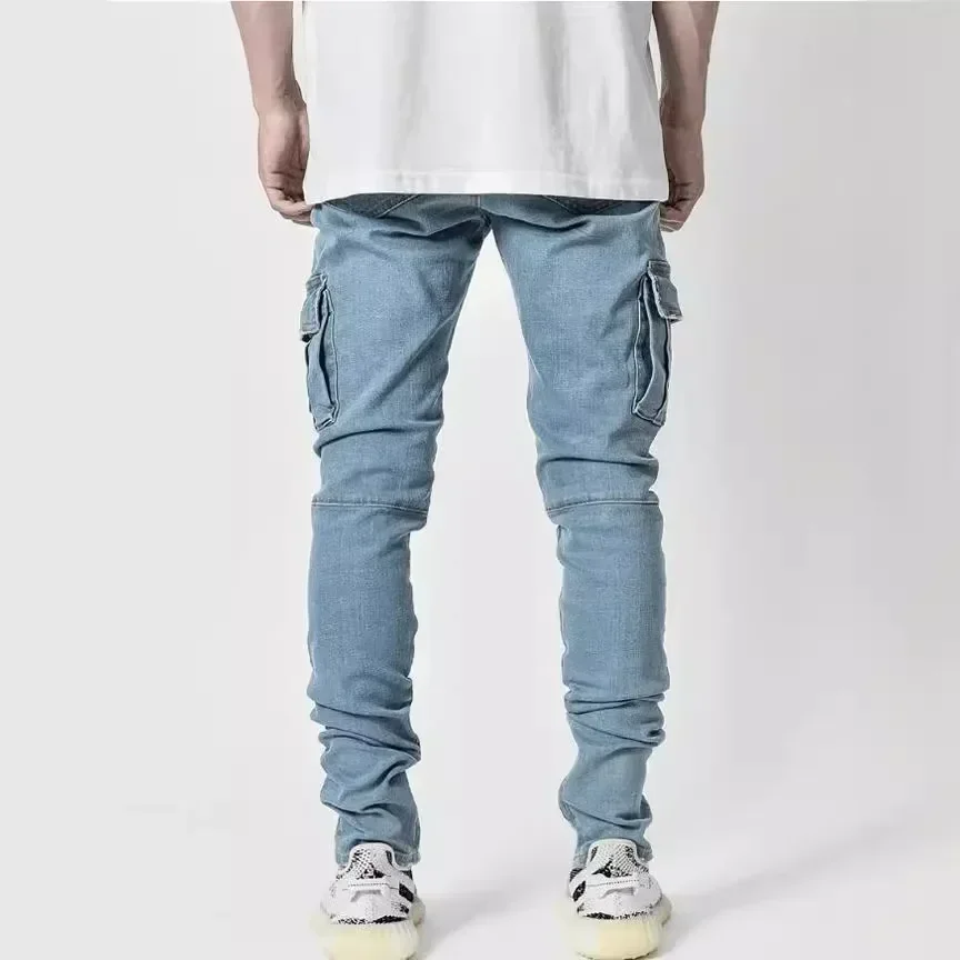 Solid Color Fashion Men Casual Pants Stretch Jeans Skinny Work Trousers Male Wash Slim Fit for Zippered Jeans Men Clothing