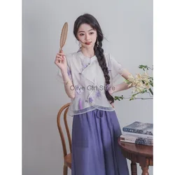 Retro Elegant Top and Wide Leg Pants Printed Traditional Chinese Clothing Light Purple Women's Clothing Suit Fresh Gentle