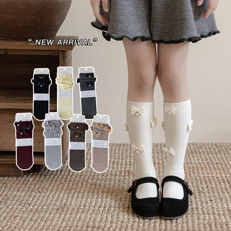 2-10Year Girls Knee High Socks Bows Beading Soft Princess Style Children's Cotton Sock Cute Kids Leg Warmers Baby Stocking
