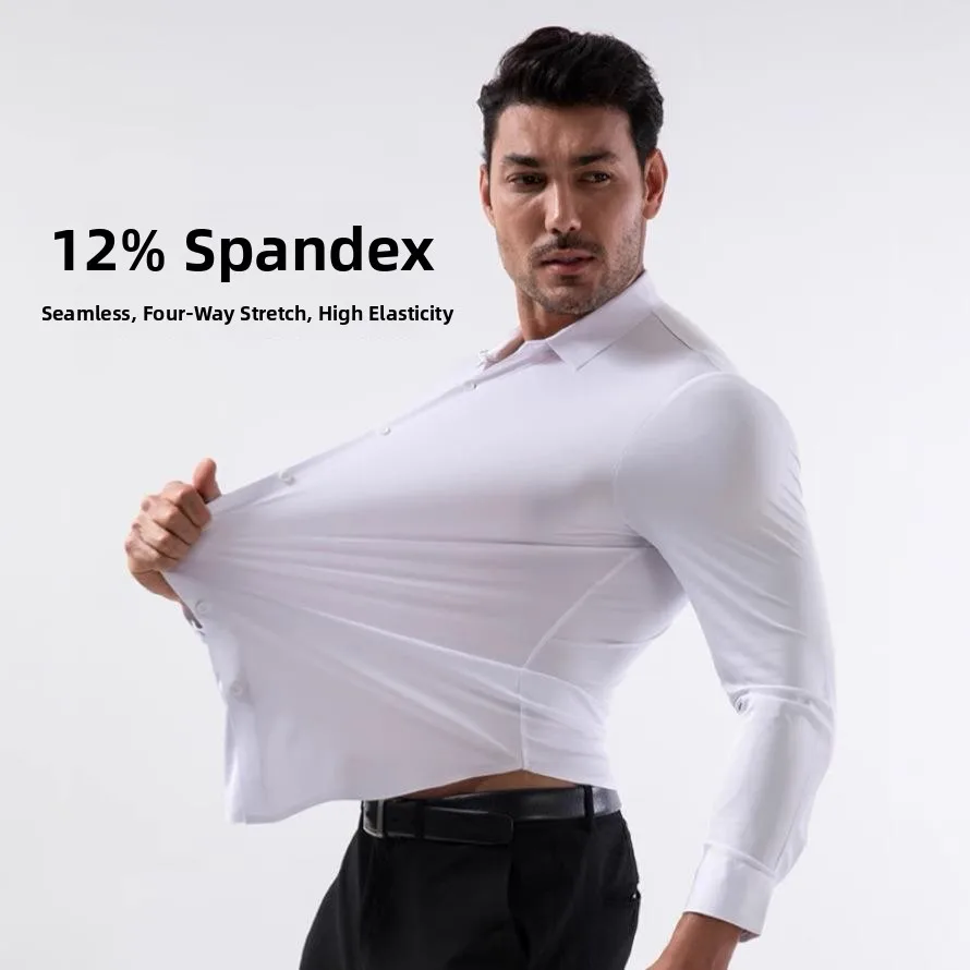 

Non-Ironing Men's Elastic irt Four-Sided No Marking Easy Care Long Sve Casual Top for Daily Wear Square Collar Design