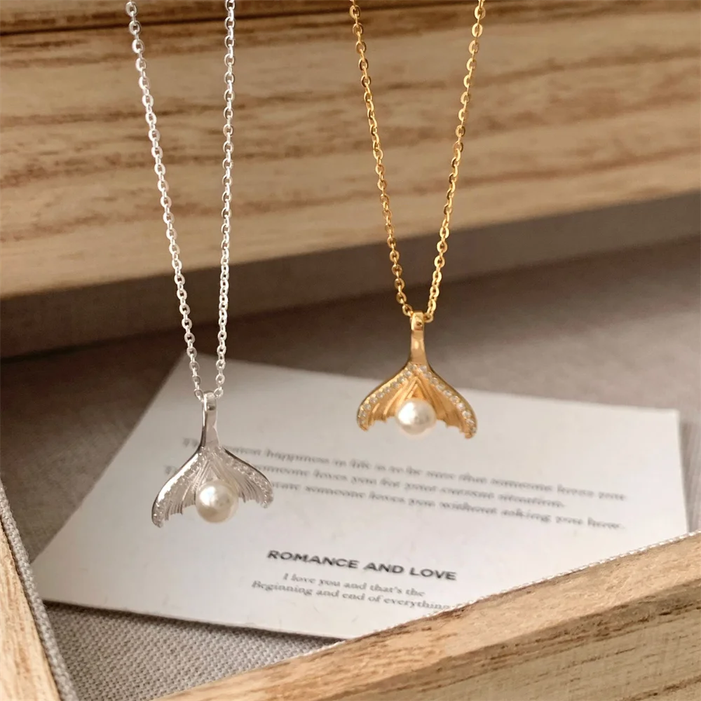 

Korean Style S925 Sterling Silver Necklace for Women Zircon-Embedded Pearl Mermaid Tail Niche Premium Versatile Collarbone Chain