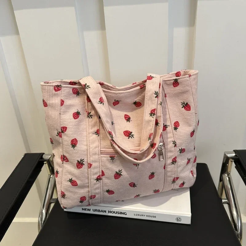 Corduroy Handbag Strawberries Beach Fashionable Versatile Shoulder Bag Large Capacity Simple Commuter Women's Tote Bag Bolsos