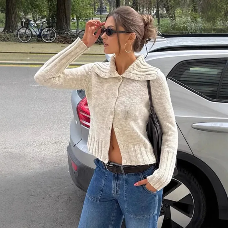 

Talenza Casual Knitted Cardigan Fashion Single Breasted Lapel Patchwork Slim Sweaters Autumn Basic Commuter Women's Knitted Top