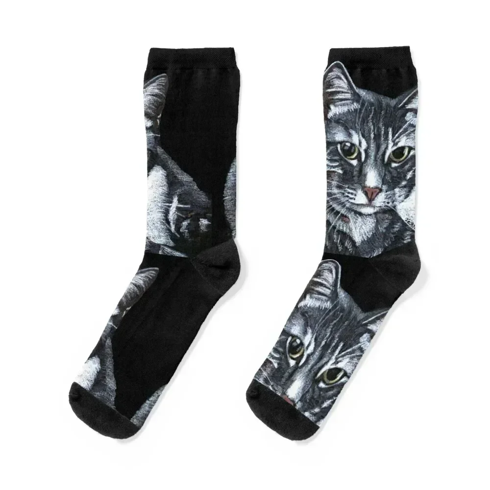 Cute Tabby cat being lazy Coloured pencils Socks gifts winter gifts funny gifts Women Socks Men's