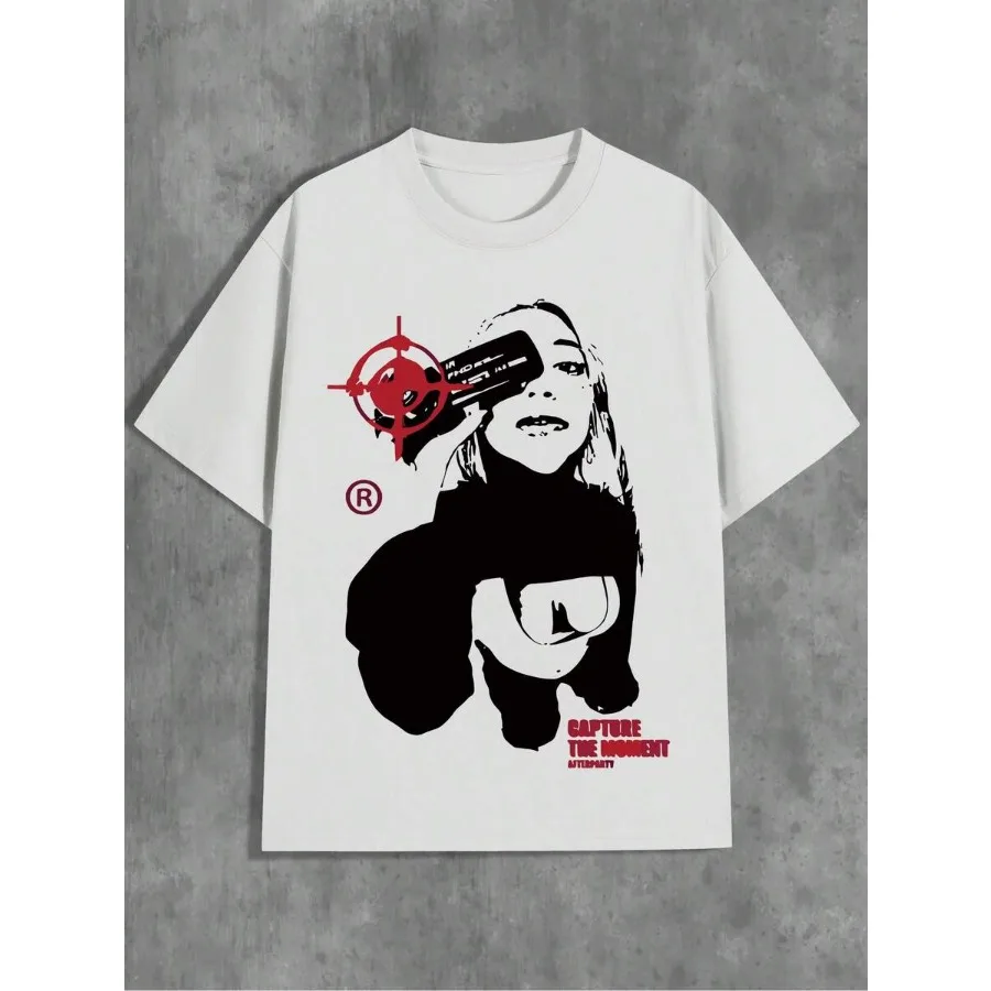【New style】Y2K Streetwear Women's Graphic T-Shirt - Edgy Camera and Target Art Print White With Black and Red Accents Semi-Shee