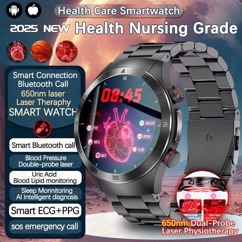 

2025 NEW Health Laser Therapy Smatwatches Men ECGPPG Blood Pressure Uric Acid Lipid Bluetooth Call Health Care Smart Watch