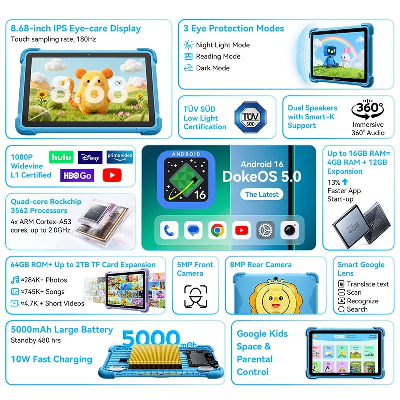Blackview LINK 1 Kids Tablets 8.68'' HD IPS Display Widevine L1  64GB Android 16 Children's Learning and Play Tablet Pad