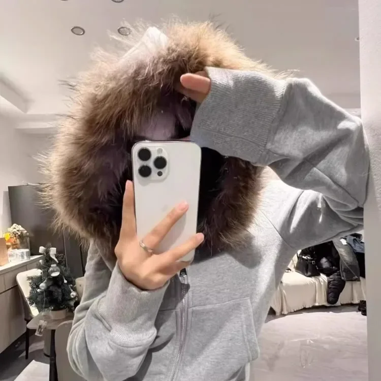 American Retro Fur Collar Hooded Zipper Sweatshirt Fashionable Street Sweatshirt Hoodie Harajuku Style Simple Hooded Sweatshirt