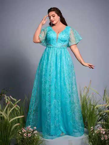 Anpoket New French V neck Noble Large size Evening gown dress Contrast lace Pearls beaded belt Flounce sleeve Long dress