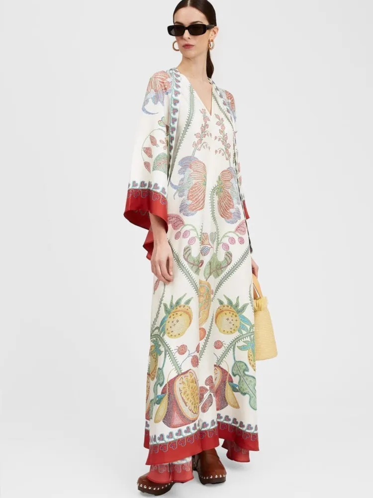 Vestido largo bohemio con estampado de primavera para mujer, vestido Sexy de fiesta con cordones y cuello levantado, vestidos largos holgados de manga larga Retro étnicos de otoño para mujer