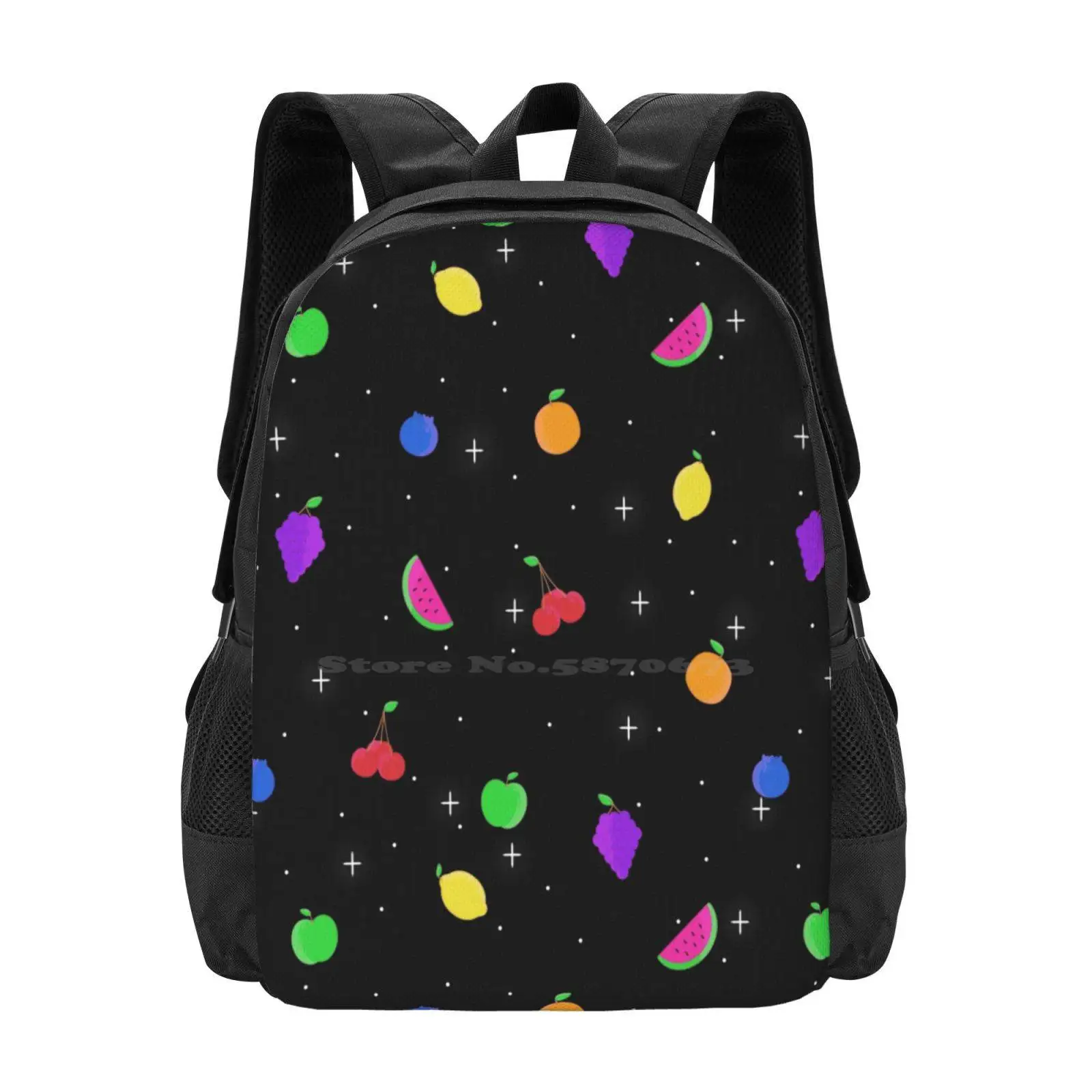 Space Froot Pattern Design Bagpack School Bags Froot Fruit Space Rainbow Summer Kitschy Loud Bold Colorful Gaiabots Plants