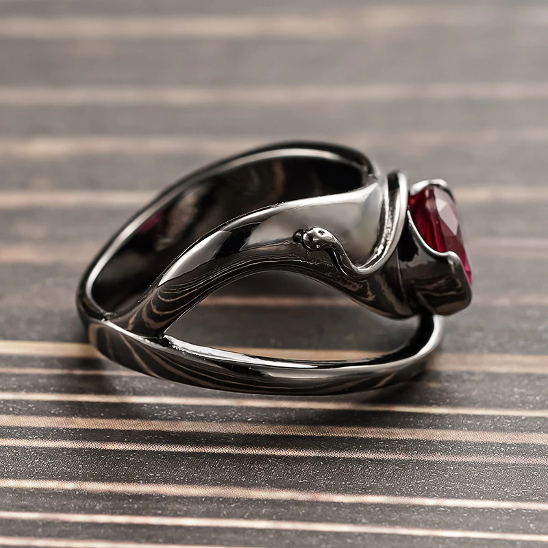 Huitan Vintage Twist Unregelmäßige Runde Rote Zirkonia-Ringe für Damen Schwarz Gunmetal Beschichtet Täglicher Party-Schmuck Einzigartiger Damenschmuck – Detail 7
