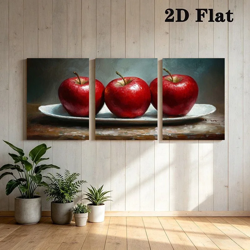 2D Flat, 3pcs Modern Red Apple Wall Art - Frameless Picture Suitable for Living Room Decor, Minimalist Contemporary Red Apple