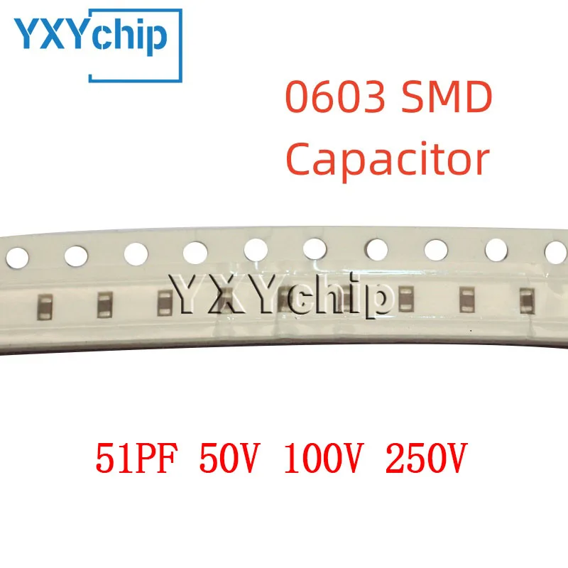 Capacitor cerâmico multicamadas, microplaqueta de SMD, 0603, 51PF, 50V, 100V, 250V, 5%, 510J, C0G, 1608, 100 PCes