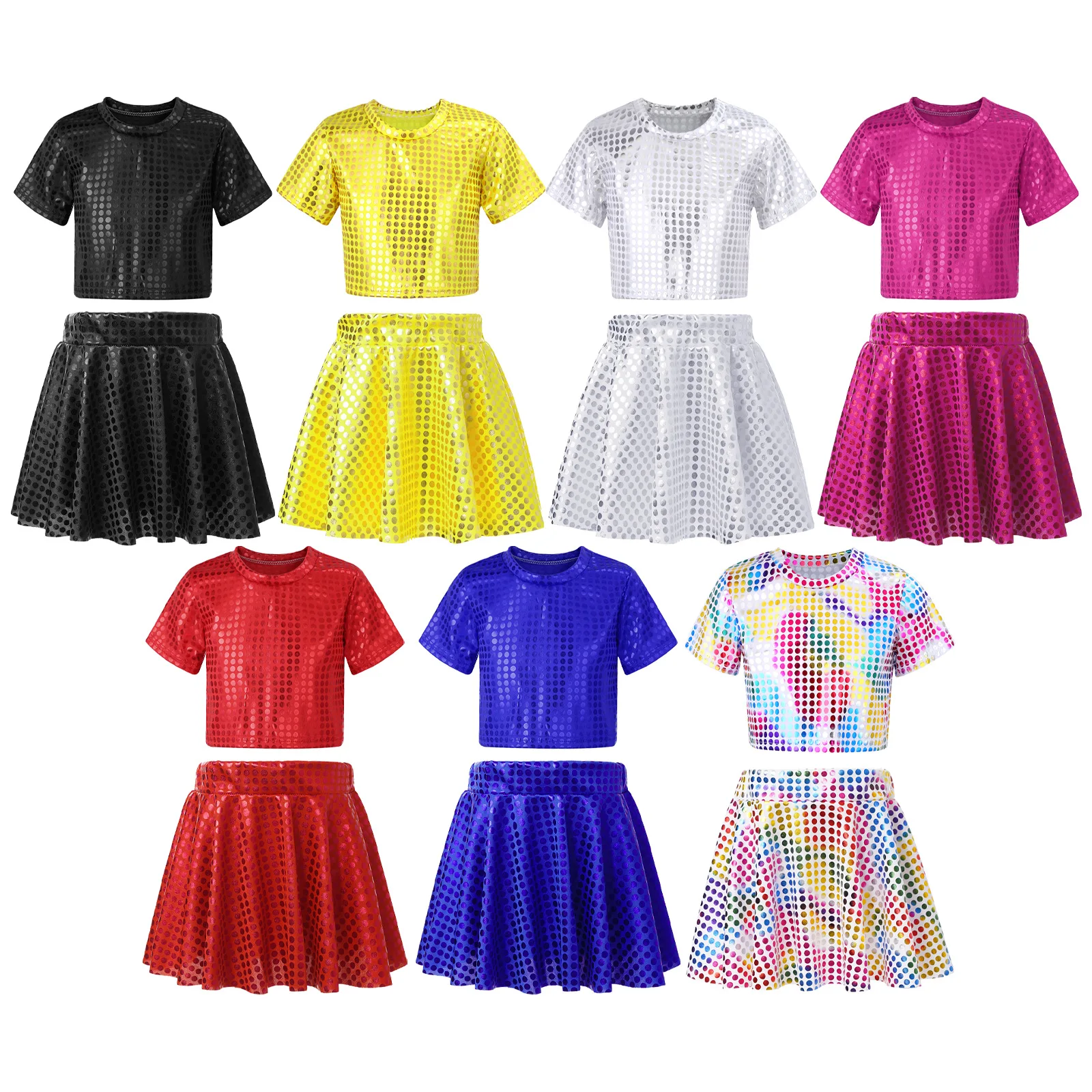 

Kids Girls Hip Hop Jazz Dance Costume Sparkling Dots Short Sleeve Crop Top T-shirt+Skirt Outfit for Street Dancewear Performance