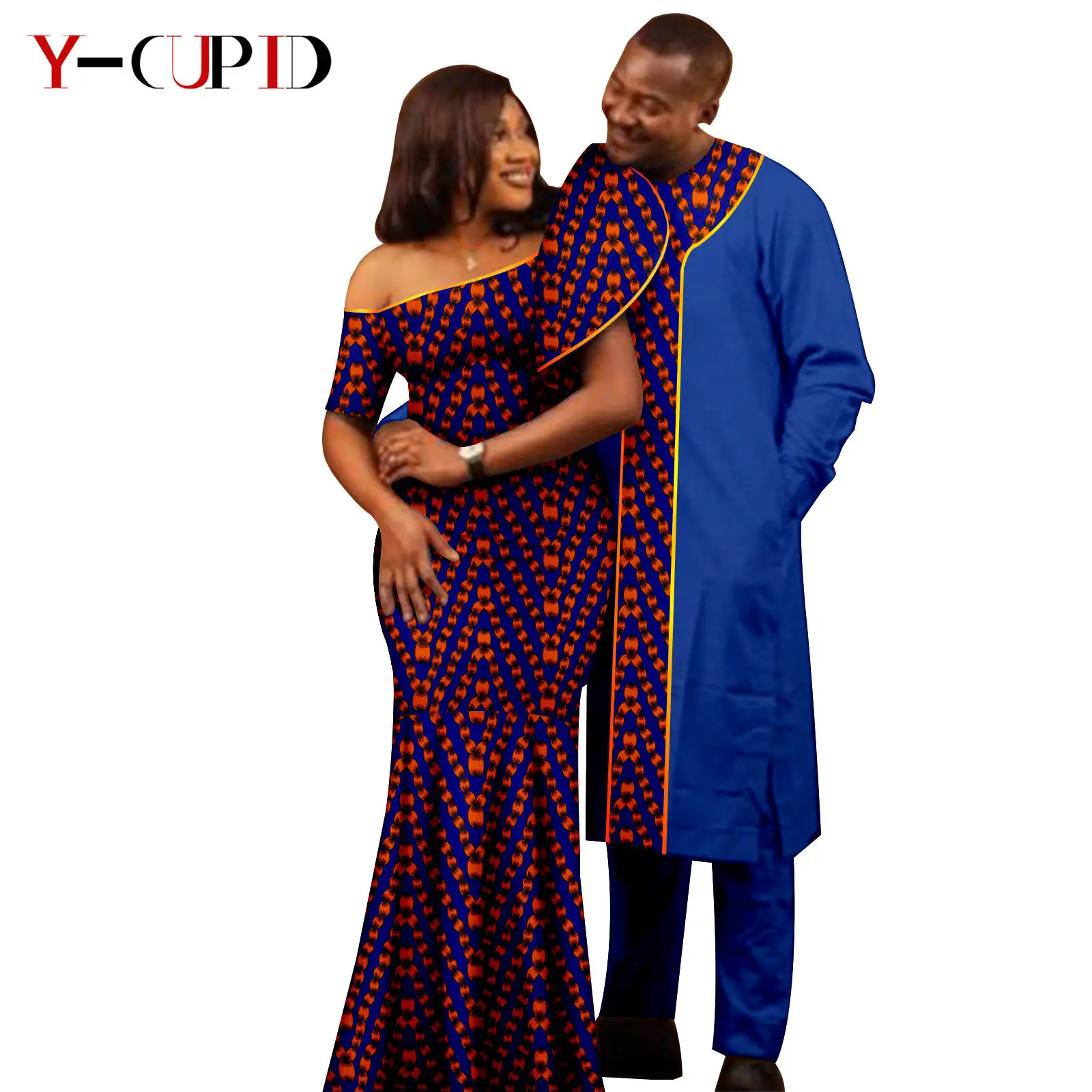 African Print Bright Silk Long Dresses for Women Matching Couple Clothes Dashiki Men Outfits Bazin Long Top and Pant Sets 24C068