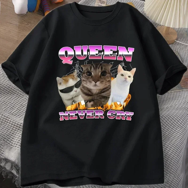 Queen Never Cry Funny Cat Expressions T-Shirt Womens Silly Cat T-Shirt Funny Quotes T-Shirt Casual Short Sleeve Graphic T-Shirt