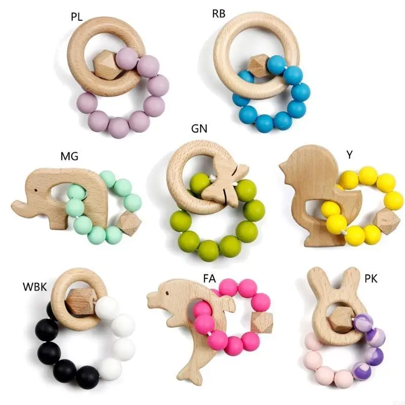 Q22d Baby Silicone حبات Teether Wooden Ring Bracelet Bracelet Toying التمريض