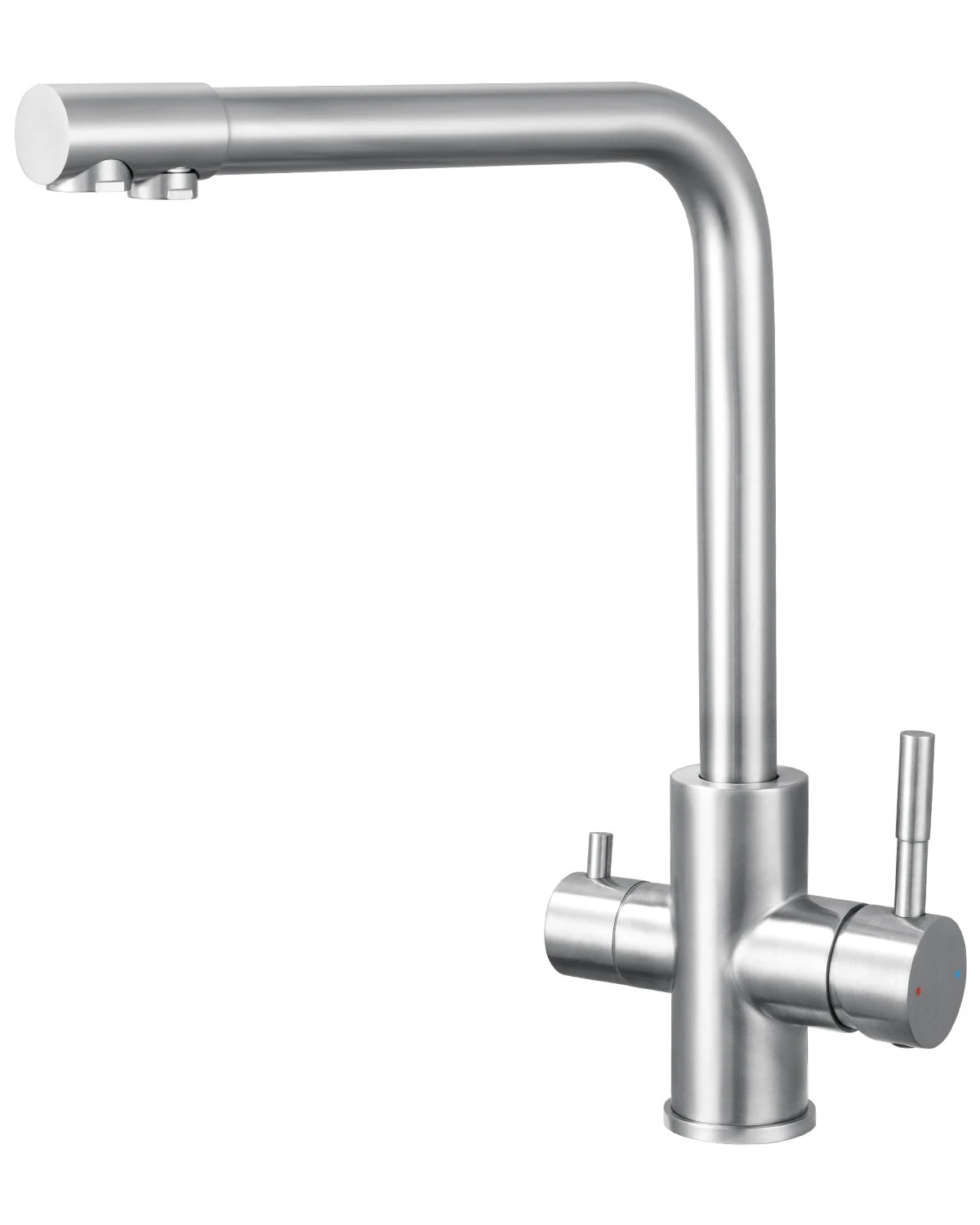 3-Wege-Küchenarmatur mit 2 Griffen – Küchenmischer mit Warm- und Kaltwasser und gereinigtem Wasser – 360° drehbar °   Drehbarer Spülbecken-Wasserhahn – Gebürsteter Edelstahl