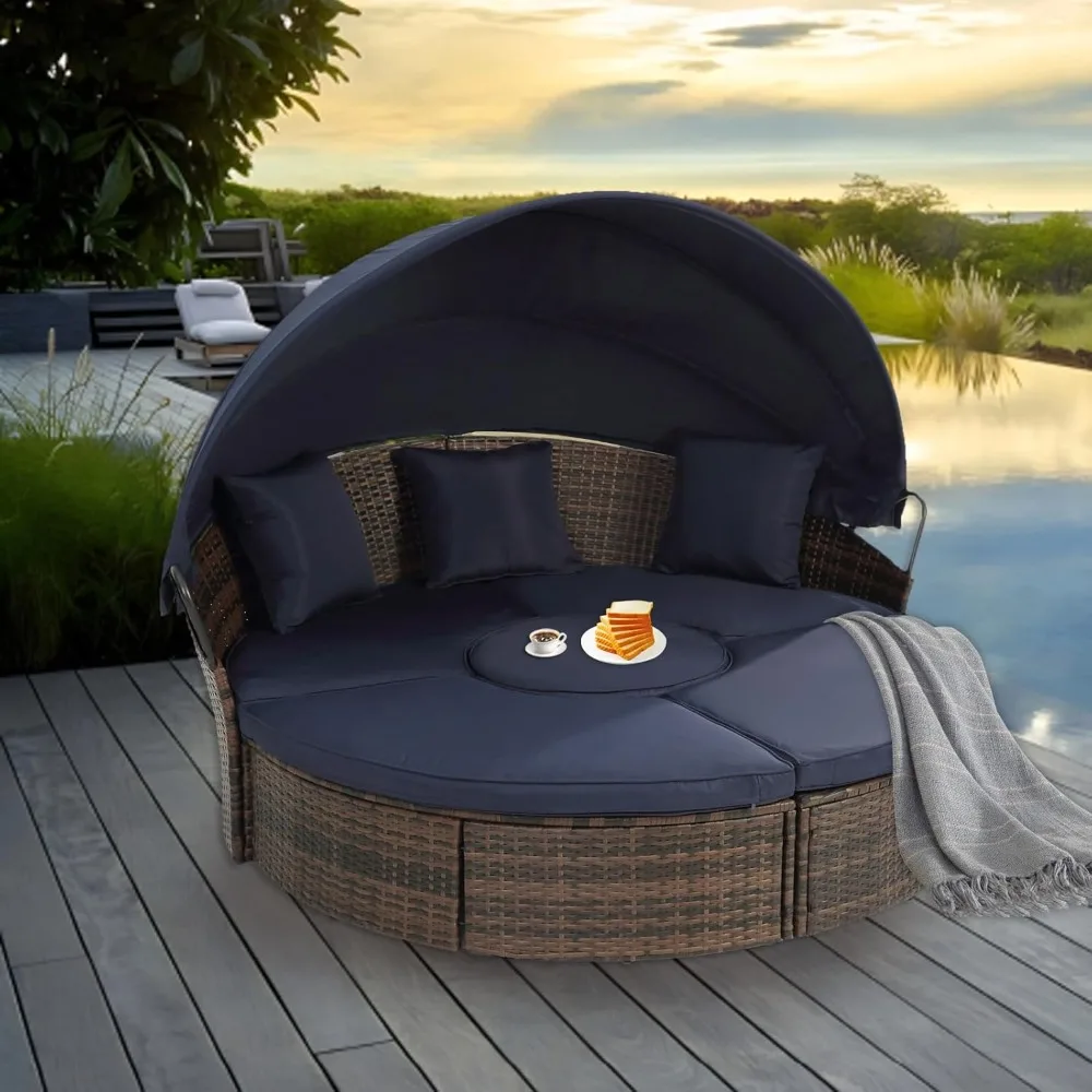 Sofá cama redondo de mimbre para exteriores con dosel de Bali, sofá cama con mesa de centro elevable, adecuado para terraza, piscina, jardín (azul marino)