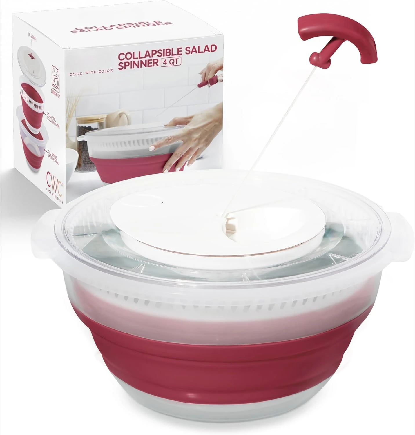4 QT Rose‑Tone Collapsible Salad Spinner, space‑saving folding colander design, household lettuce dryer for washing and dehydrating fruits and vegetables.