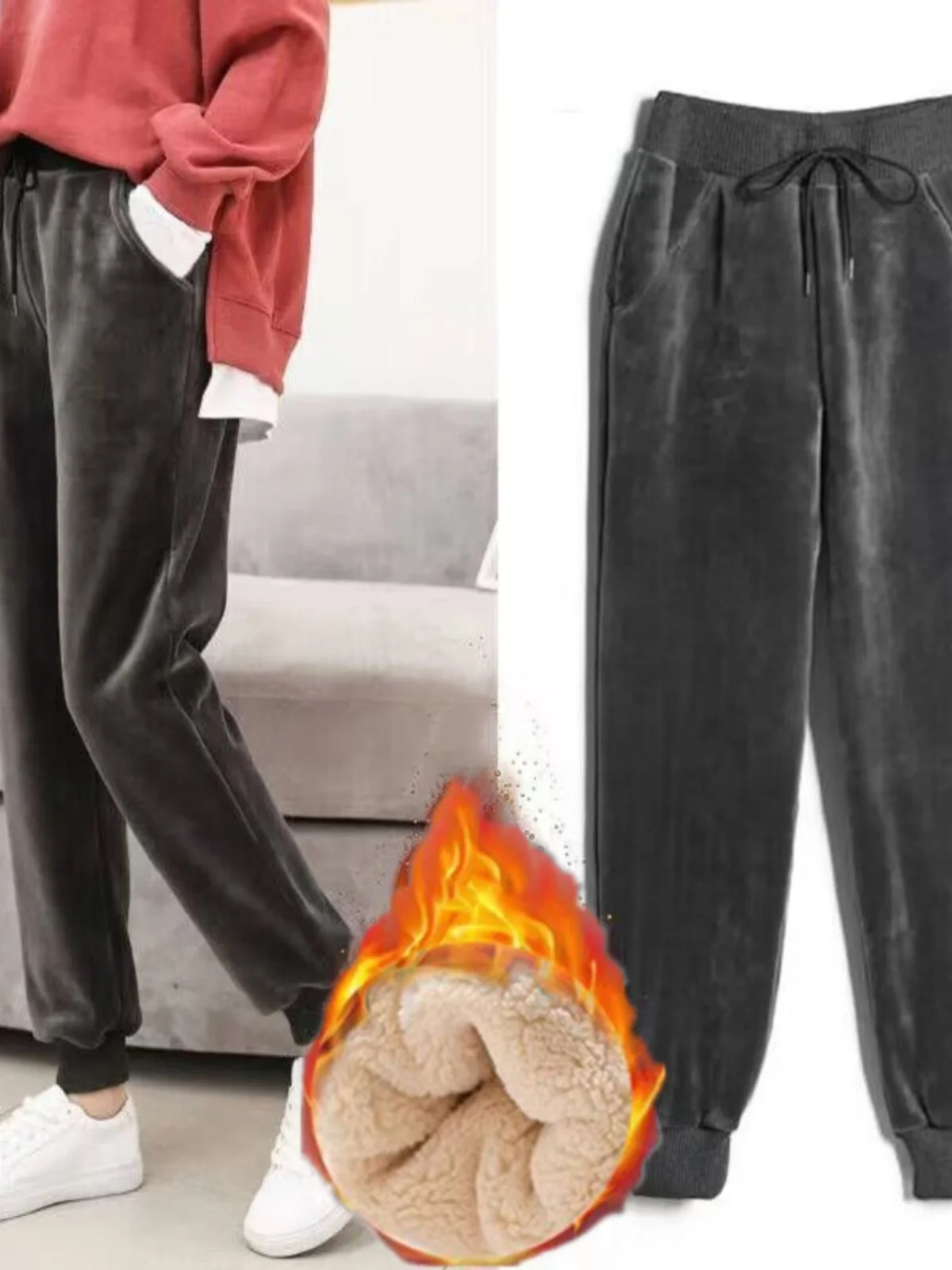 Pantalon de sport taille haute doublé en velours pour femme, ample, Harlan, chaud, grande taille, pour étudiante, automne et hiver