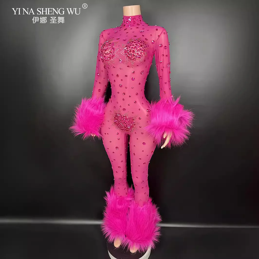 Vrouwen Sexy Mesh Bodycon Veren Stralende Kristallen Jumpsuits Nachtclub Party Verjaardag Prestaties Kostuum Stadium Slijtage Guibin