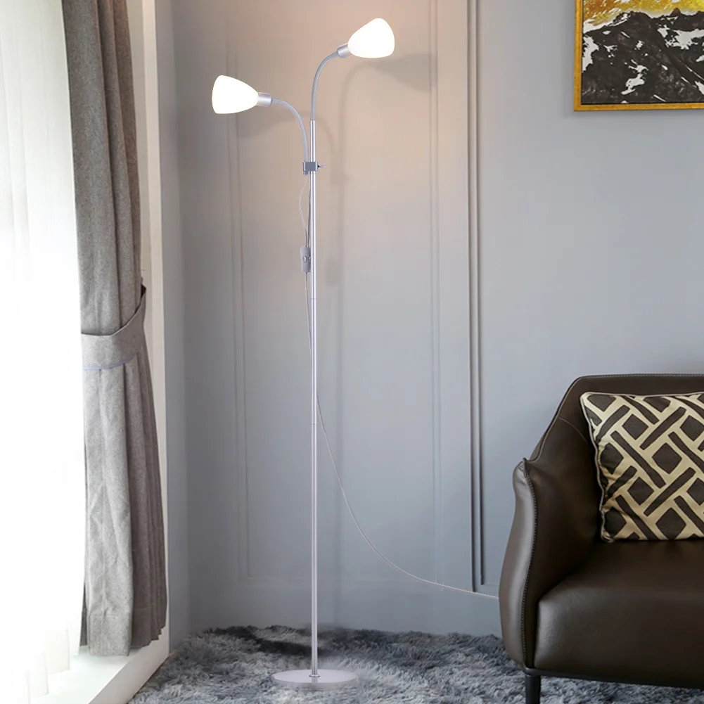 Adjustable Standing Double Headed Floor Lamp, Silver Grey