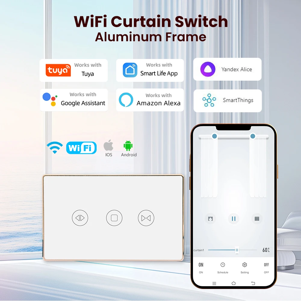 

WiFi Curtains Blinds Switch Gold Aluminum Frame US Roller Shutters Motor Switch Backlight Style Google Home Tuya Smart Life