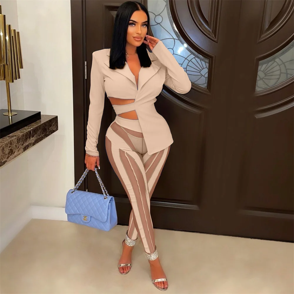 Fashion Women Two 2 Piece Set 2023 New in Summer Sexy Irregular Blazer Top + Mesh Sheer Patchwork Y2K Outfits Lady Matching Set