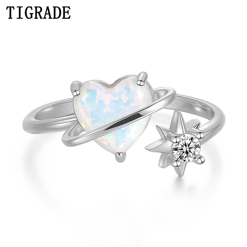 Tigrade Real 925 Sterling Silver Opening Rings For Women Shining Opal Heart & Sun Finger Ring Wedding Band Party Fine Jewelry