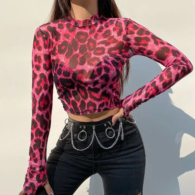 Y2K Vintage Top donna t-shirt Sexy rosa leopardo femminile Casual Crop Top Streetwear Ins corsetto manica lunga Top camicetta