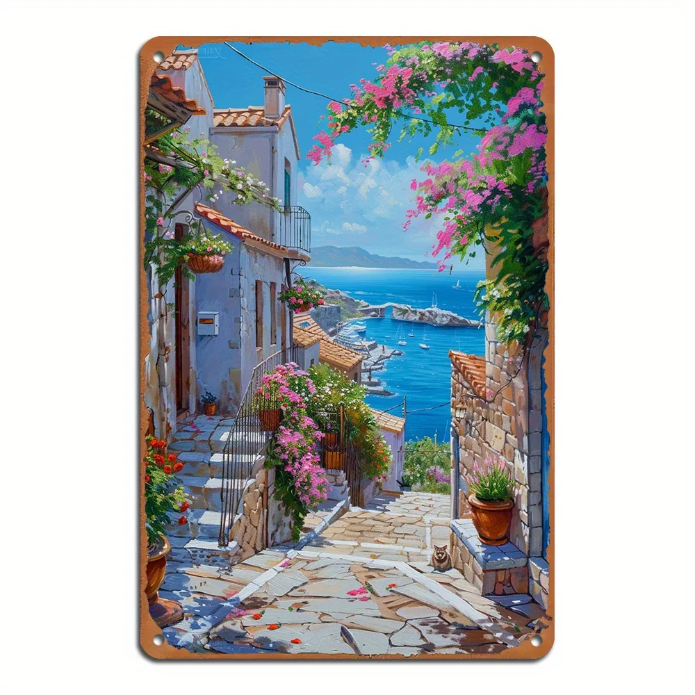 Vintage Greek Seaside Village Street View Tin Wall Decoration 8x12 Inch Metal Tin Plate Suitable for Home Garage Decoration