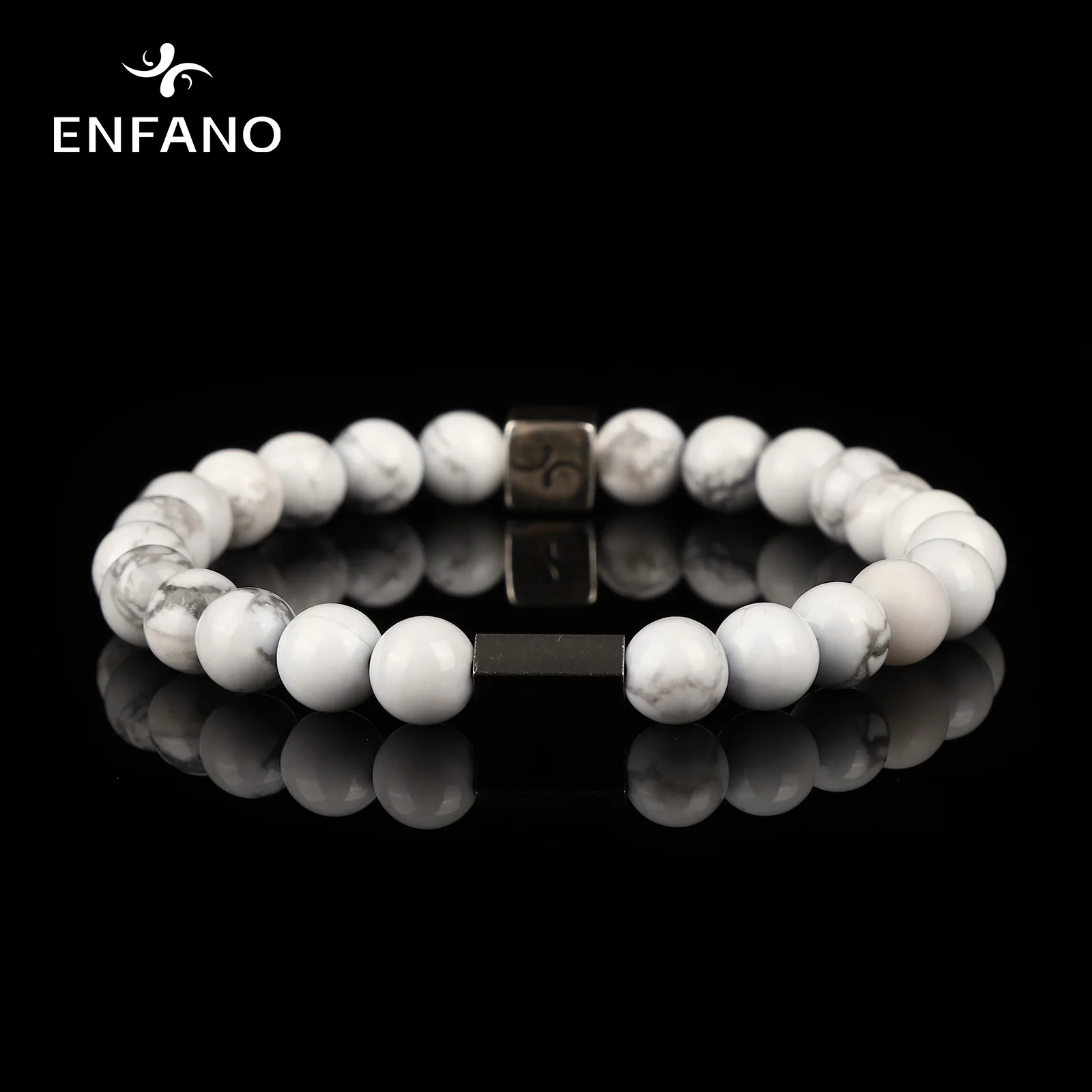 

ENFANO White Turquoise Bracelet 8mm Round Bead Bracelet Fashion Boyfriend Gift Size Name Text Personalized Custom Jewelry