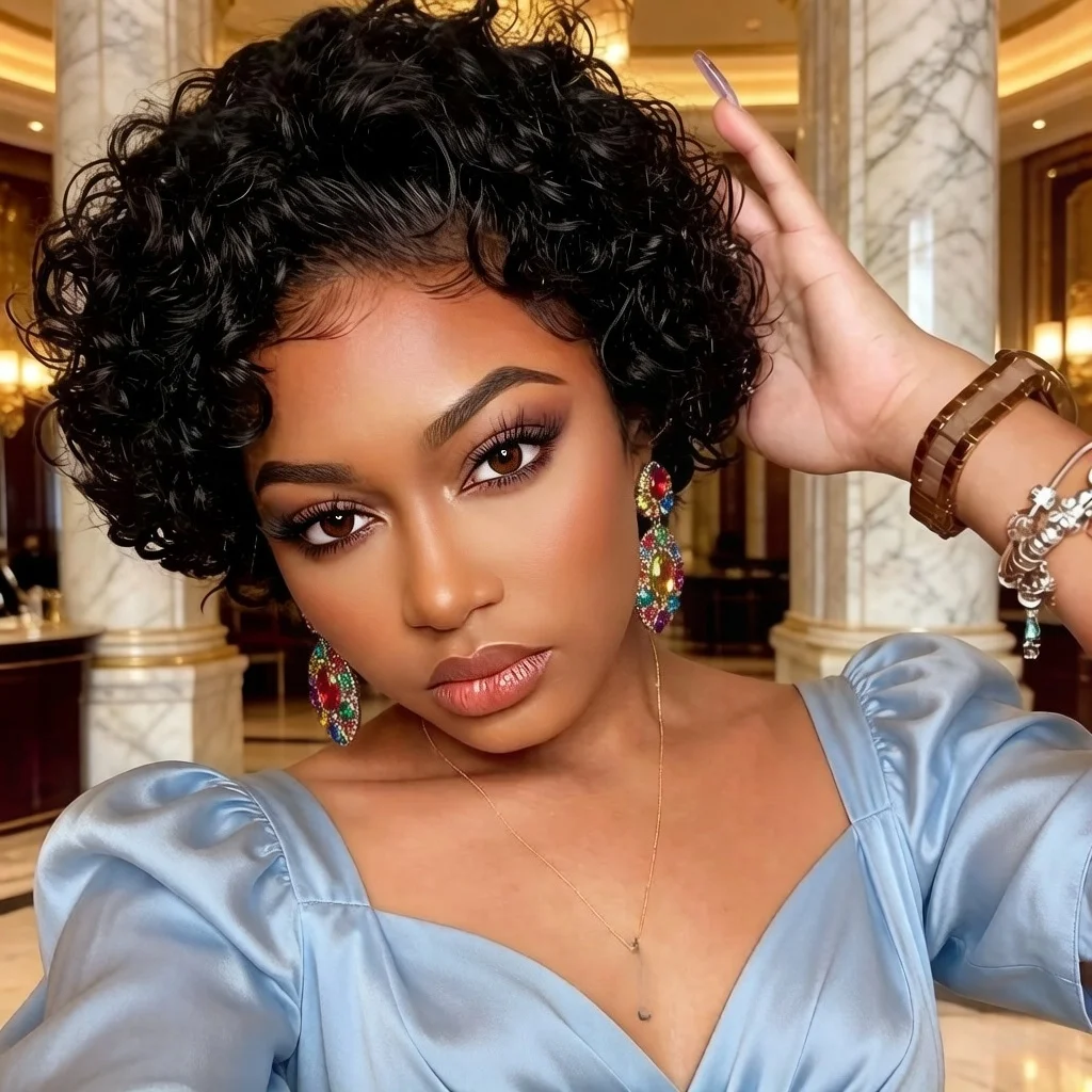 

Короткий кудрявый парик-пикси с фронтальной шнуровкой 13x1 из натуральных человеческих волос для женщин, натуральный черный цвет