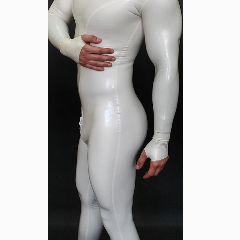 Men\'s White Full Body Latex Catsuit Eyes Entry Rubber Bodysuit Half Gloves Finger Ring Style with Crotch Zip