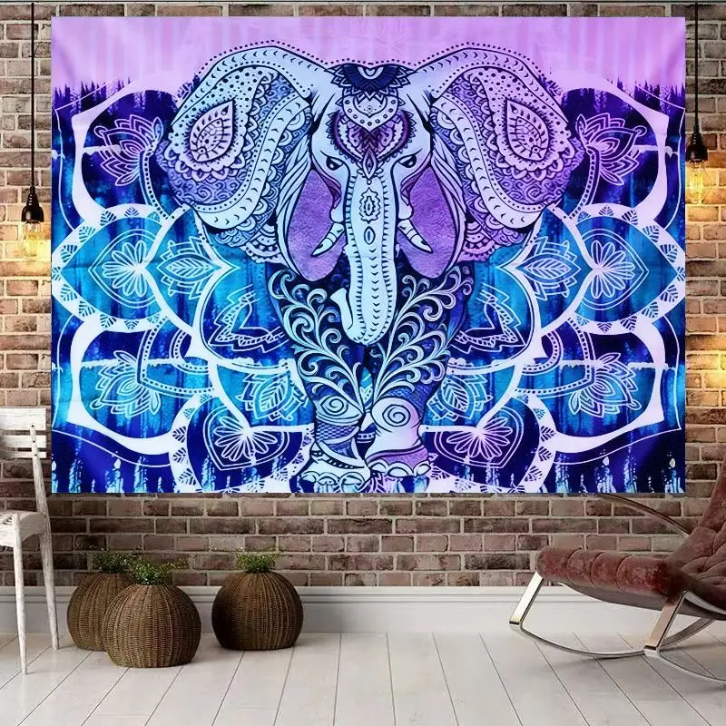 VIKAMA Psychedelic Purple Tie Dye Elephant Tapestry, Detailed Tribal Line Art Spiritual Wall Hanging Apartment Decor