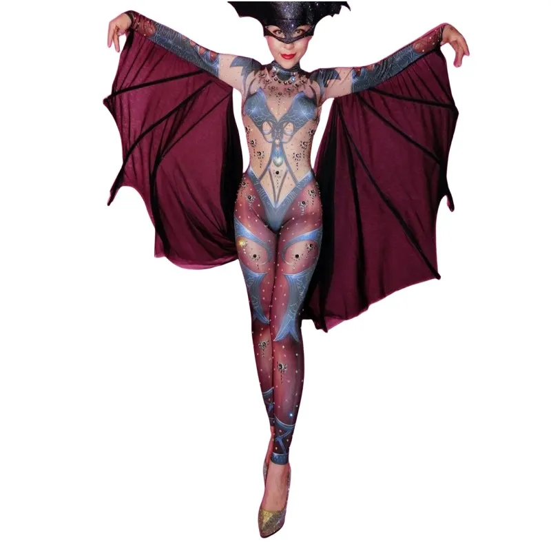 

Drag Queen Costume Halloween Party Cosplay Costume Printed Crystal Jumpsuit With Wing Bat Role Playing Performance Rave Outfit