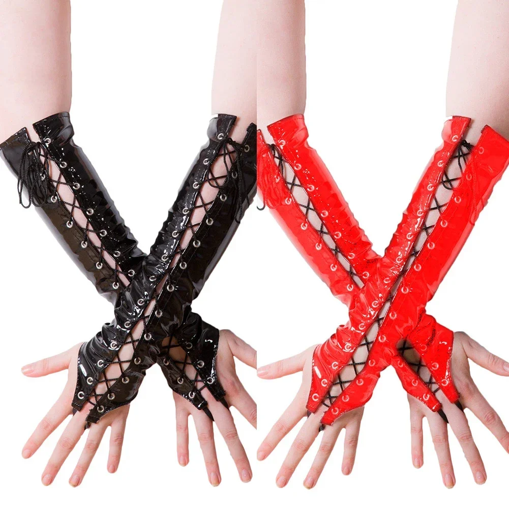Sexy Frauen PVC PU Leder Handschuhe Schnürung Aushöhlen Lange Punk Handschuh Cosplay