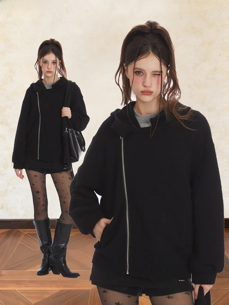 

American Style High Collar Hoodie Cardigan Women's Loose Fit Zipper Design Spring Outerwear Casual Comfortable Long Sleeve