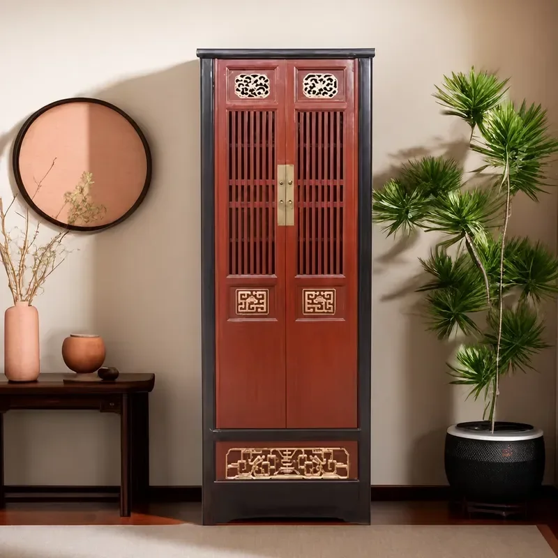 New Chinese Retro Solid Wood Bookcase Antique Carved Living Room Storage Cabinet Bedroom Entrance Vertical Side Decorative
