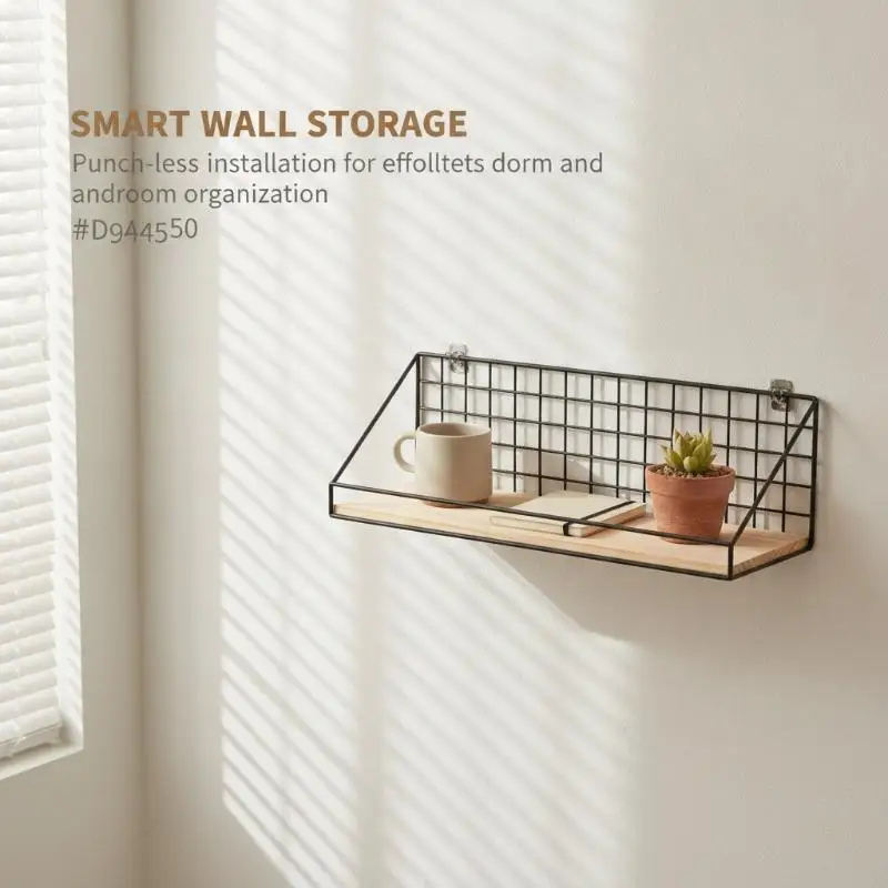 Wall Mounted Storage Shelf Wood Metal Wire Floating Shelf Adhesive Bathroom Organizer For Toiletries Cosmetics Home Decor