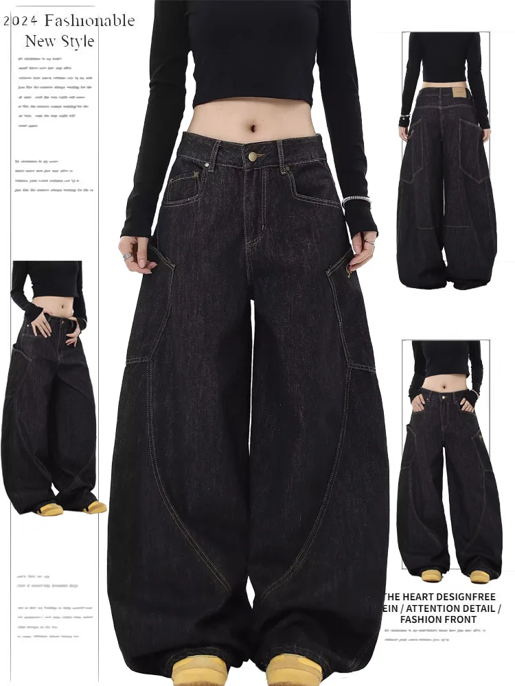 

American Retro Wide Leg Jeans Women Spring Autumn Loose Fit High Waist Denim Pants with Big Pockets for Casual Wear