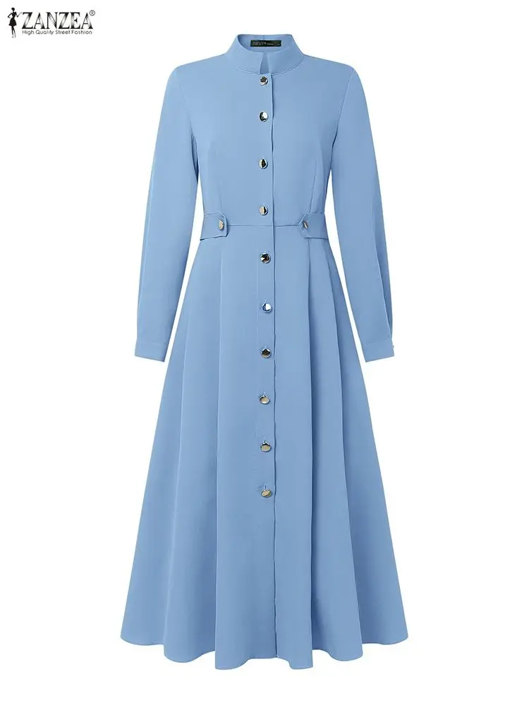 ZANZEA Sukienki midi plus size dla kobiet, eleganckie, codzienne, z golfem, długi rękaw, zapinane na guziki, rozkloszowane, długa sukienka, odzież damska FW, rozmiar 5XL