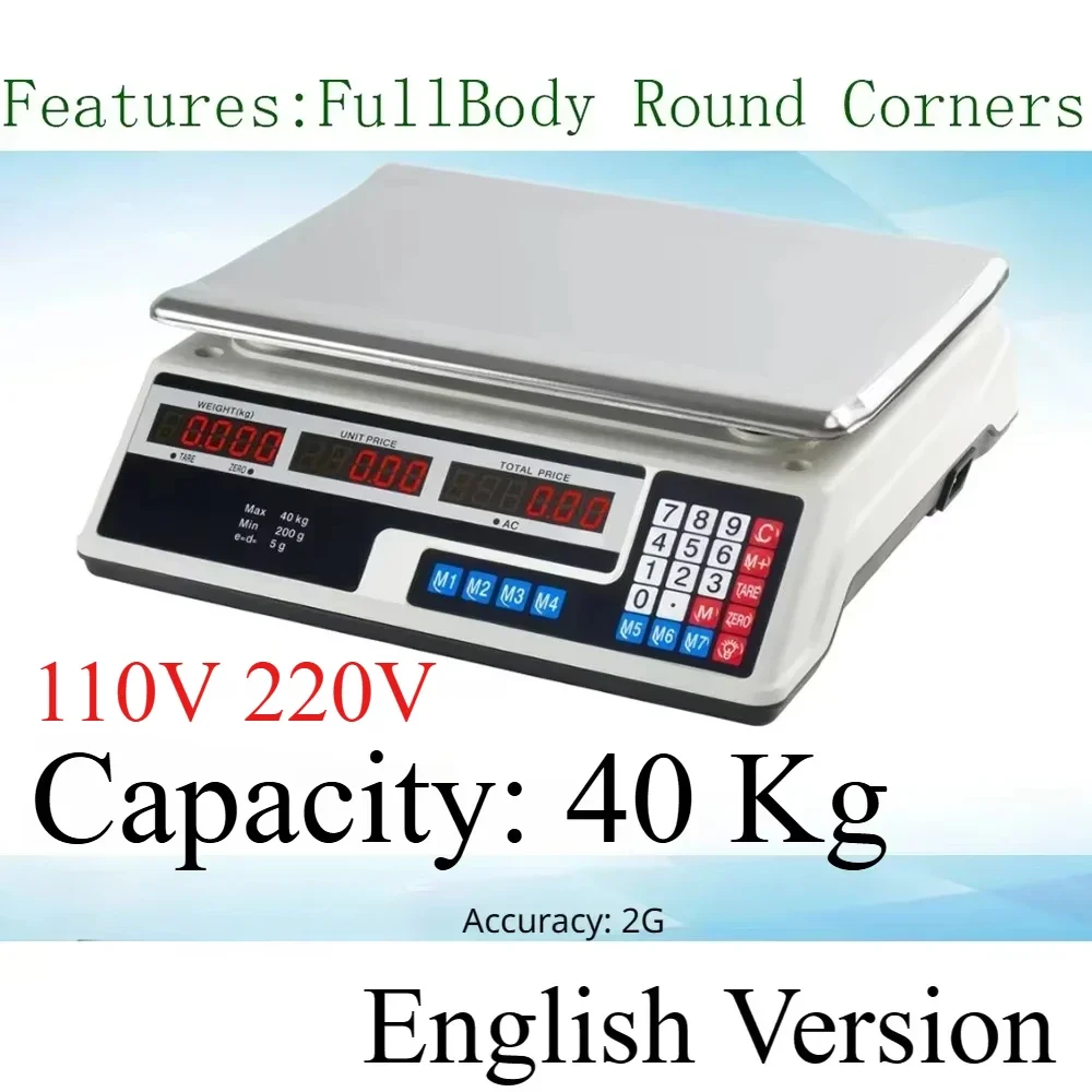 110v 220v Commercial English weighing and pricing table scale,40kg supermarket grocery and fruit scale