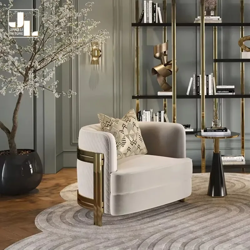 

Hot Sale Hotel Villa Single Sofa Chair Italian Living Room Wood Frame Beige Velvet Luxury Sofa Furniture